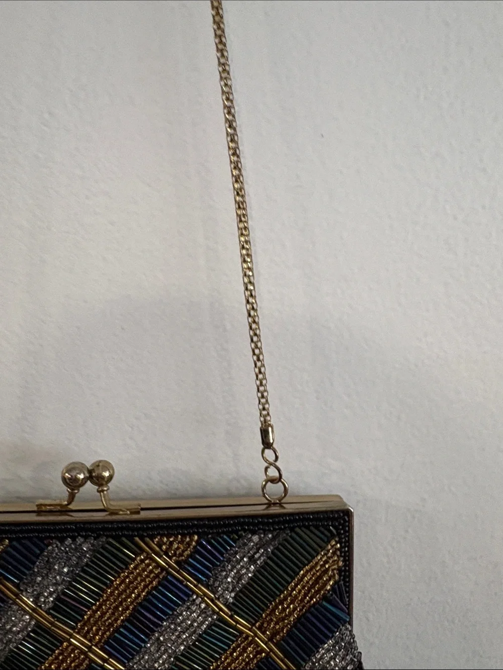 Vintage Beaded Plaid Evening Crossbody Bag in Black and Gold